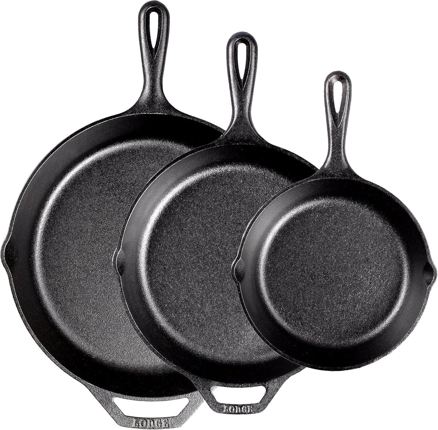 Three Lodge cast iron skillets